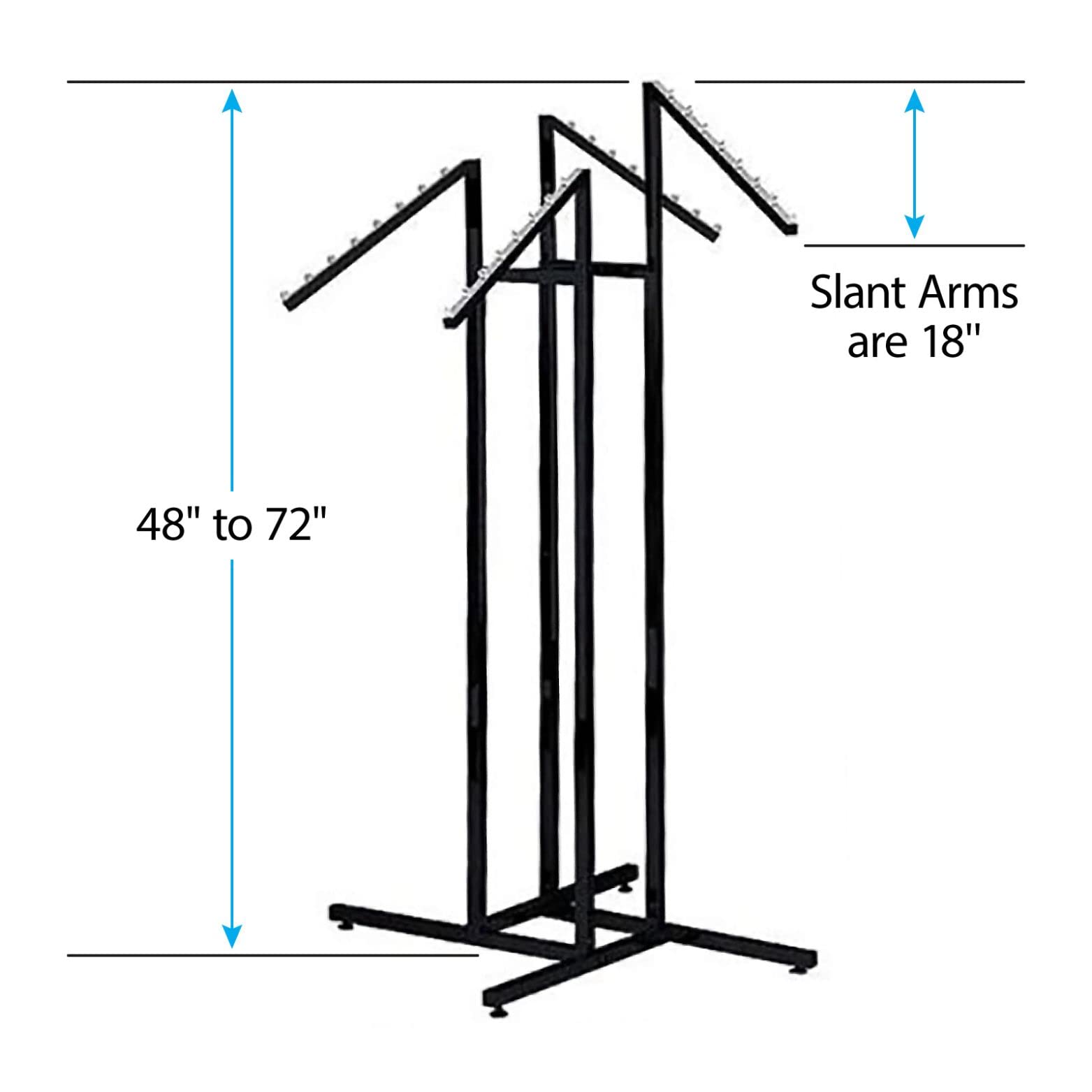 SSWBasics Black 4 Way Adjustable Clothing Rack with Slanted Arms - Retail Clothing Rack Display - Adjustable Height Arms from 48" to 72" Perfect for Clothing Stores