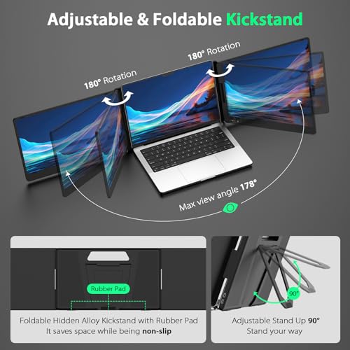 QQH Triple Portable Monitor, 14” FHD 1080P IPS Laptop Screen Extender with Alloy Stand, Only One USB-C Plug and Play Laptop Monitor Extender Compatible with MacOS, Wins, Android for 12-16” Laptops