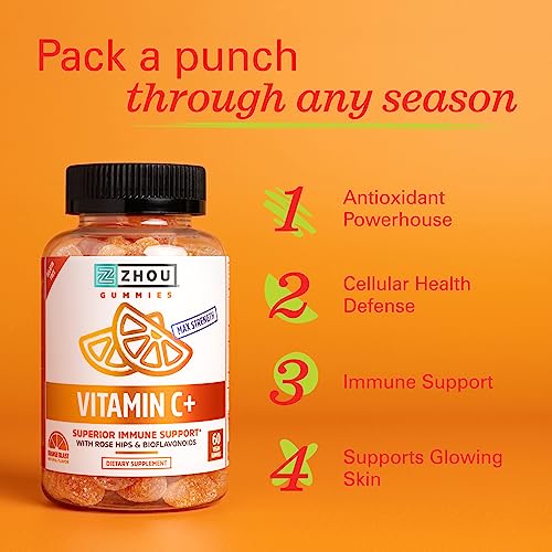 Zhou Nutrition Vitamin C+ Rapid Immunity Booster Gummies, Orange, 60 Count