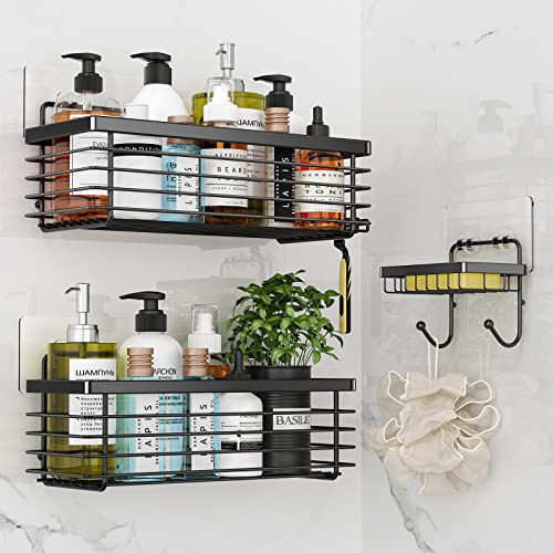 ODesign Shower Caddy 3 Pack-Shower Bathroom Shelves Rack,Rustproof Wall Mounted SUS304 Stainless Steel-No Drilling,Adhesive Shower Shelf Suction Cup Shower Basket Organizer-Black