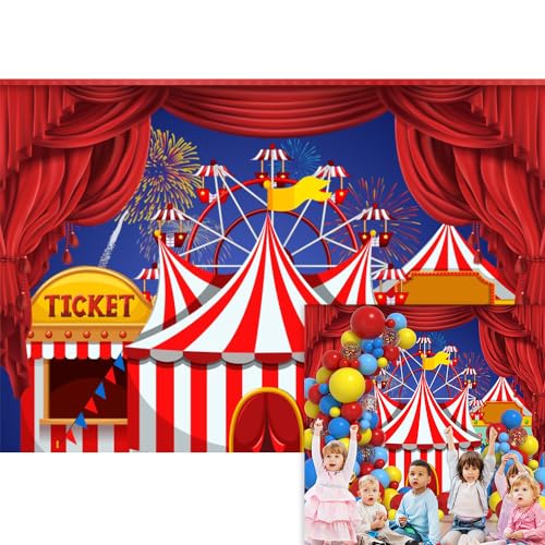 YongFoto Circus Theme Backdrop 15x10ft Red White Striped Tent Night Star Balloons Stage Red Curtain Photography Background Kids Birthday Baby Shower Carnival Night Party Banner Clown Portrait Prop