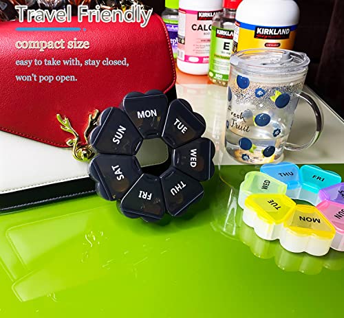 MOLN HYMY Large Pill Organizer 7 Day, Pretty Weekly Pill Box Case, Cute Girly Medicine Dispenser Container for Vitamin, Gummy, Medication, Supplement (Black)