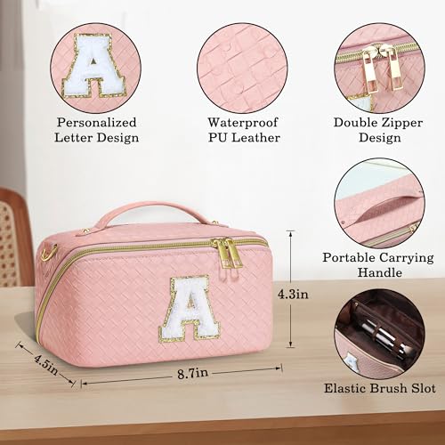 YOOLIFE Travel Makeup Bag Cosmetic Bag - Portable Leather Waterproof Initial Make Up Bag Travel Toiletry Bag Makeup Bag Organizer Makeup Bags Makeup Pouch Small Makeup Bag Unique Birthday Gifts Pink T