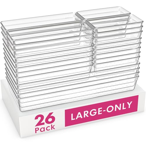 Criusia 26 Pack Large Clear Plastic Drawer Organizer Bins -Heavy Duty Acrylic Kitchen Drawer Organizers and Storage for Utensils -Bathroom Drawer Organizer Trays for Makeup Office Organization