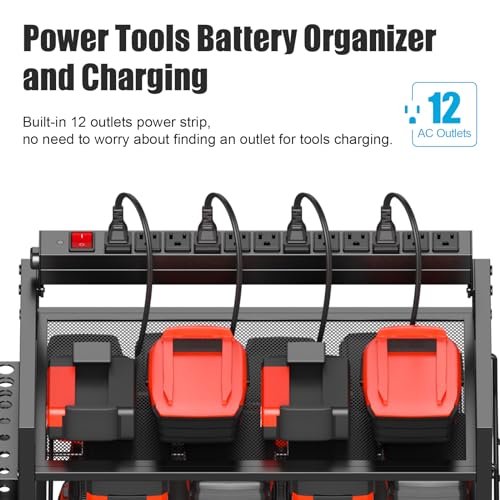 CCCEI Garage Power Tools Organizer Cart with Charging Station, Floor Standing Drill and Tools Battery Storage Cart with Cabinet. Utility Rack Gift for Men, Husband, Father Red.