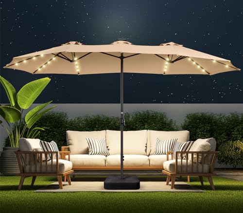 HOMSHADE Double Sided Patio Umbrellas - 15ft Solar Lights LED Lighted Outdoor Extra Large Market Table Umbrella with Base Included, Oversized Umbrella for Deck, Pool, Backyard (Navy Blue)