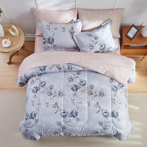 Flower Bed in a Bag 6 Pieces Twin size Blue Gray Floral Comforter Sheet Set Soft Microfiber Lightweight Summer Bed Set (1 Comforter 2 Pillow Shams 1 Flat Sheet 1 Fitted Sheet 1 Pillowcases)