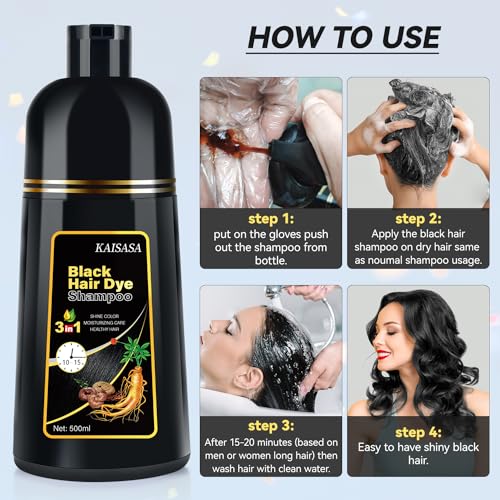 Natural Black Hair Dye Shampoo Instant & Easy 3-in-1 Hair Color Solution for Men and Women - Herbal Formula, Ammonia-free, Lasts 30 Days - 16.90 oz