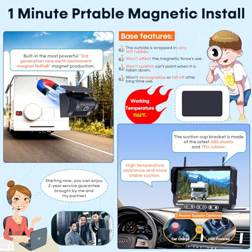 Magnetic Solar Wireless Backup Camera: 7" DVR Portable 1 Min Easy Install Scratch-Proof No Delay Truck Trailer Hitch Rear View Camera Rechargeable HD 1080P for Small RV Camper Pemacom P15
