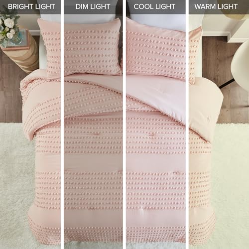 Comfort Spaces Cotton Comforter Set Jacquard Pom-Pom Tufts Design, Down Alternative, All Season Modern Bedding, Matching Shams, Twin/Twin XL, Phillips, Blush
