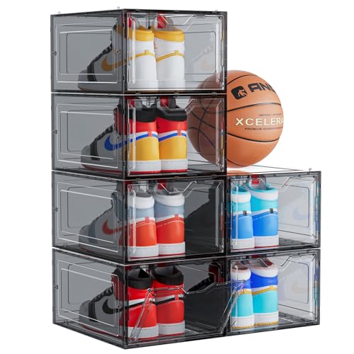 Delamu Shoe Storage Boxes, Large & Sturdy Shoe Organizer, Shoe Boxes Clear Plastic Stackable for Closet, Shoe Bins for Sneaker Boot Container, Display Shoe Case with Magnetic Door, 6 Pack, Black