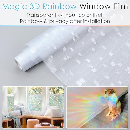 rabbitgoo Window Privacy Film Stained Glass Window Film Mosaic Static Cling Decorative Window Vinyl, Removable Rainbow Window Tint, Non-Adhesive UV Blocking for Home Office, 17.5 x 78.7 inches