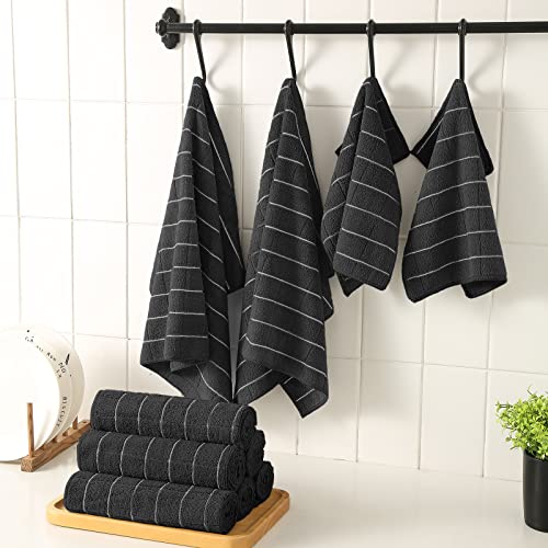 Puomue Microfiber Kitchen Towels and Dishcloths Set, 26 X 18 Inch and 12 X 12 Inch, Set of 12 Bulk Lint Free Dish Towels for Drying Dishes, Black