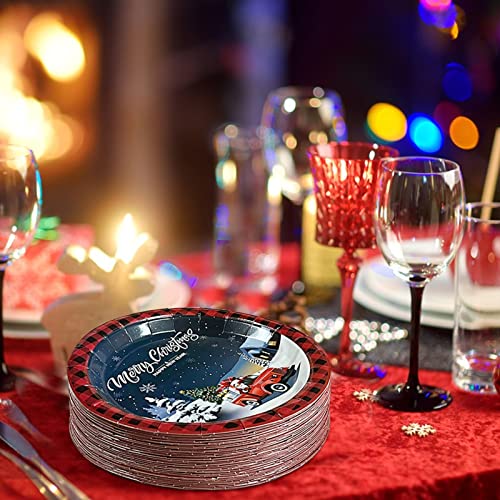 CIEOVO 48 Pack Disposable Plates Christmas Red and Black Plaid Party Dinner Dessert Plates for Christmas Birthday New Year Birthday Baby Shower Party Supplies