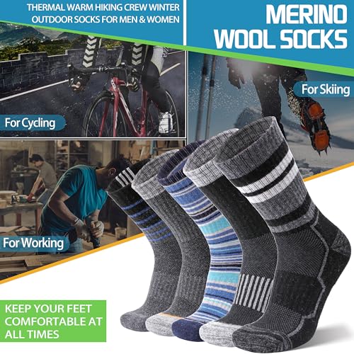 ANTSANG Merino Wool Hiking Socks for Men & Women Thermal Warm Winter Thick Cozy Athletic Crew Work Boot Gift Socks Stocking Stuffers 5 Pairs(Blue Stripes,M)