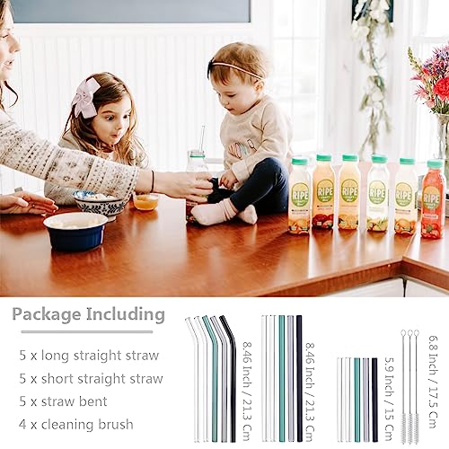 Glass Straws Drinking Reusable Colorful 19 Pack,Size 8.5''x10MM and 6''x10MM,Glass Straws Shatter Resistant Including 10 Straight and 5 Bent with 4 Brushes, Reusable Glass Straws for Cocktail,Juice