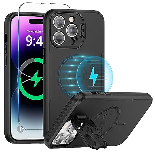 ABITKU Magnetic Case for iPhone 15 Pro Max 6.7 inch, with Camera Protector Kickstand Cover (Compatible with MagSafe & Car Holder), with Screen Protection Shockproof Phone Case for Men Women (Black)