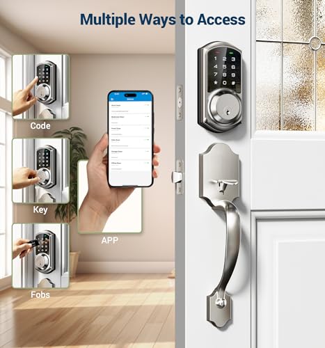 Veise Smart Front Door Lock Set, App Control, Keyless Entry Deadbolt with Lever Handle, Electronic Digital Touchscreen Keypad, Auto Lock, Easy Install, Satin Nickel