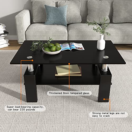 Meihua Rectangle Glass Coffee Table 2-Tier Tea Table Modern Side Coffee Table for Living Room (All Black)
