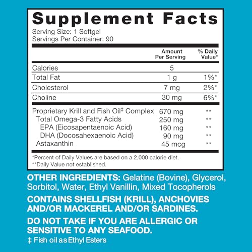 Qunol Advanced Omega 3 Krill and Fish Oil Complex, 10x Better Bioavailability, One Pill Dose, 250mg EPA & DHA, Supports Brain, Eye, Heart and Joint Health, 60 Count