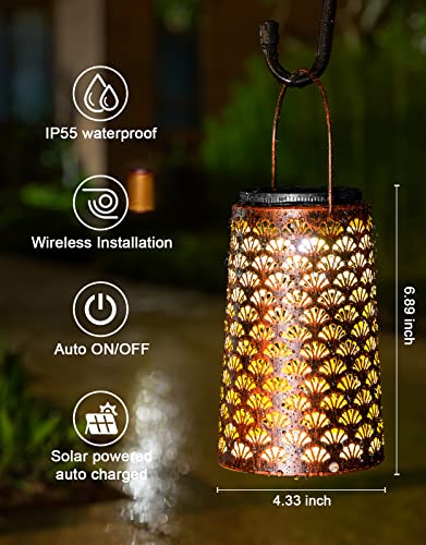 JSOT Solar Lanterns Outdoor Waterproof, 2 Pack Hanging Yard Decor Outdoor Lights for Metal Backyard Porch Patio Table Balcony Lawn Pathway Tree 2 Modes Warm/Cool White