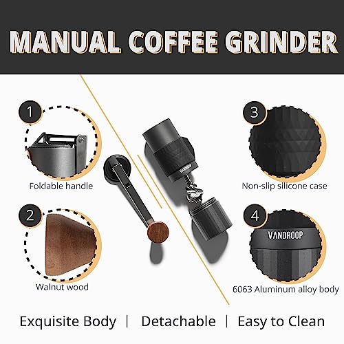 Vandroop Manual Coffee Grinder with Folding Handle, Adjustable Hand Coffee Grinder with Stainless Steel Conical Burr, Portable Burr Coffee Grinder for Travel, Camping, Kitchen