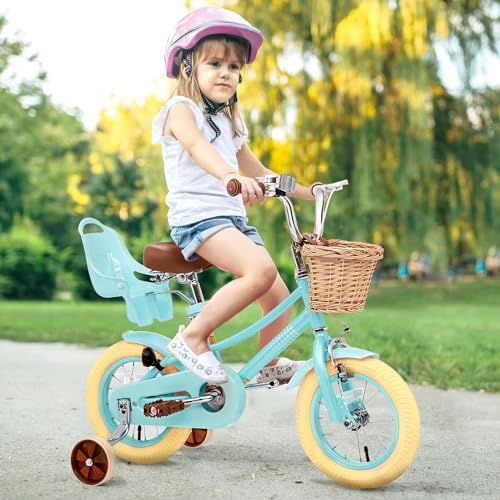 XJD Girls Bike for 2-4 Years Old Toddlers and Kids, 12 14 16 20 Inch Kids Bike with Basket and Bell Training Wheels, Adjustable Seat Handlebar Height (12 Inch with Training Wheels, Blue)