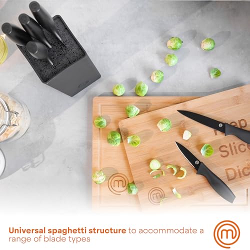 MasterChef Kitchen Knife Set with Covers, 6 Professional Chef Knives for Home Kitchens, Extra Sharp Cutting Stainless Steel Blades & Protective Sheaths, Soft-Touch Easy-Grip Handles, Essential Black