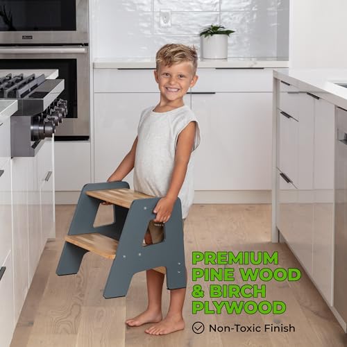 Wooden Step Stools for Kids - Sturdy, Non-Slip, Non-Tip Toddler Step Stool for Bathroom Sink for Your Little Girl or Boy - Gray