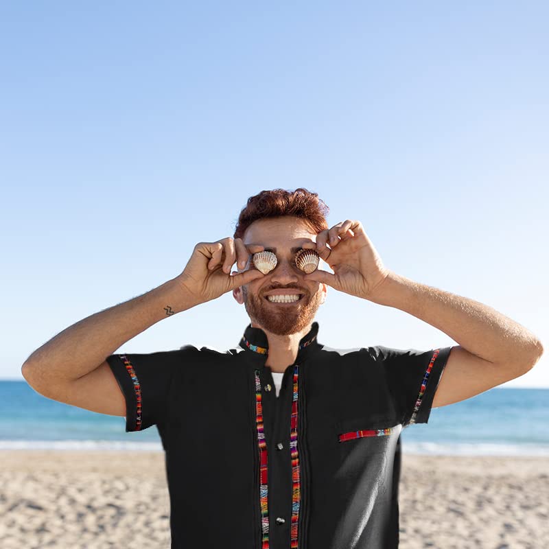 POFF Men's Mexican Guayabera Shirt - 100% Cotton, Colorful Embroidery, Short Sleeve, Regular Fit, Black