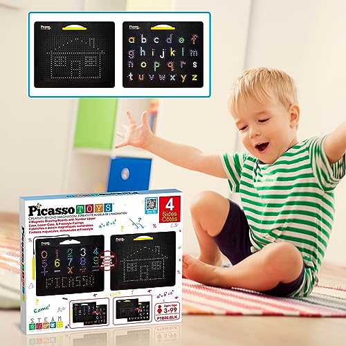 PicassoTiles 2PK 4-in-1 Magnetic Drawing Board 12x10 inch Large Magnet Tablet Pad with 4 Facings Lowercase & Uppercase Alphabets, Numbers, & Freestyle STEM Learning Writing Reading Playboard PTB06