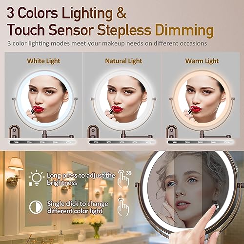 Rocollos Rechargeable Lighted Wall Mounted Makeup Mirror with 3 Color Lights,Dimmable Touch Screen,8 Inch LED Double Sided 1X/10X Magnifying 360°Flexible 13 Inch Retractable