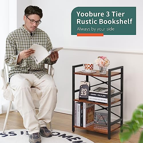 Yoobure Bookshelf Small Book Shelf, Solid Industrial 3 Tier Shelf Bookcase, Short Book Case for Bedroom, Living Room, Office Home, Small Spaces, Berry Brown