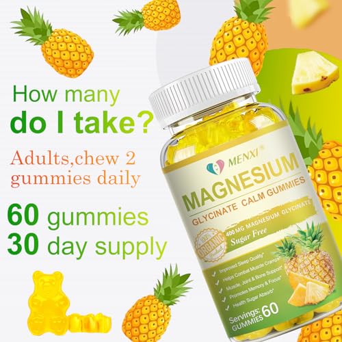 Magnesium Glycinate Gummies 400mg, Sugar Free Magnesium Taurate, Magnesium Malate Supplement with Vitamin D, B6, CoQ10 for Relaxation, Stress Relief, Muscle, Bone & Sleep Support- 60 Pineapple Gummies