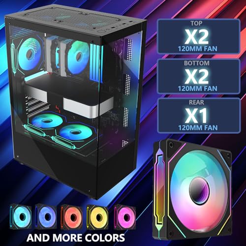 PC CASE M-ATX Gaming PC Cases with 5x120MM RGB fans Preinstalled,matx case,itx case, 270° Full View Tempered Glass Mid Tower,Mid-Tower USB 3.0 with Double Tempered Glass Full View Computer Cases Black