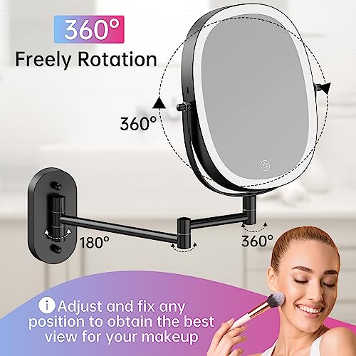 Rechargeable Wall Mounted Lighted Makeup Mirror, 8 Inch Double Sided LED Vanity Mirror 1X/7X Magnification,3 Color Lights Touch Dimmable Oval Frame 360°Swivel Magnifying Bathroom Mirror Antique Bronze