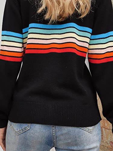 ECOWISH Women's Sweater Colorful Striped Sweaters Long Sleeve Crew Neck Casual Pullover Knit Blouse Tops 207 White Orange X-Large