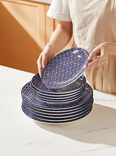 Metahom Salad Plates, Blue and White Dessert Plates, 8 Inch Colorful Ceramic Dish Set for Pasta, Set of 6, Dishwasher & Microwave Safe
