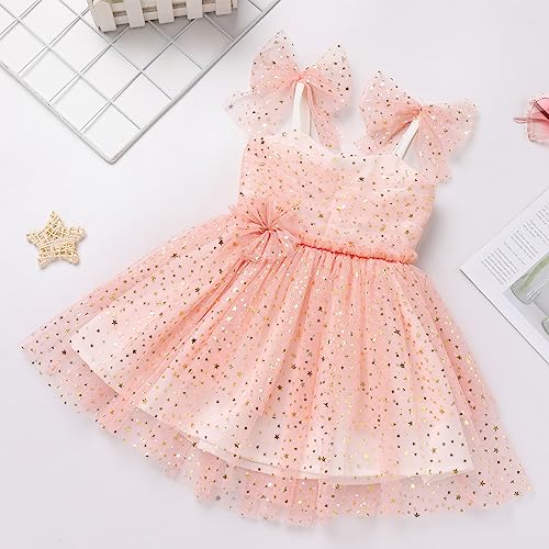 Toddler Baby Girl First Birthday Dress Shiny Sequins Cake Smash Outfits Kids Sparkle Tea Party Halloween Thanksgiving Costume Baby Infant Baptism Christening Christmas Outfits Peach Star 6-12 Months