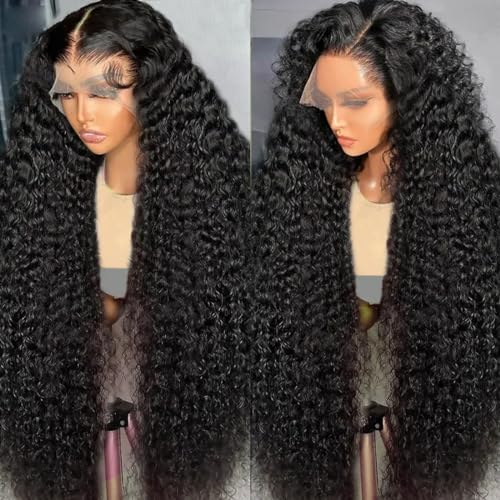 HIGUM 13x4 Deep Wave Lace Front Wigs Human Hair HD Transparent Deep Curly Lace Front Wigs Human Hair 180% Density Frontal Glueless Wigs for Women Human Hair Pre Plucked with Baby Hair (24 Inch)