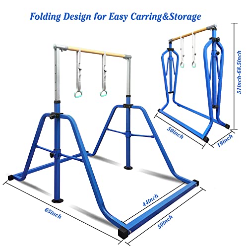 GLANT Gymnastics Bar for Kids with Rings Set, 7 Heights Adjustable Easy Folding Gymnastic Training Bar Kids Monkey Horizontal Bars - Max Load 300LBS (Blue)