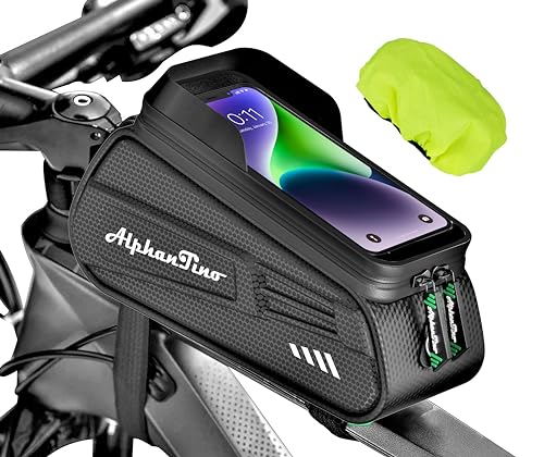 Alphantino Bike Phone Holder Bag - Waterproof Hard Case Large Capacity Top Tube Front Frame Bicycle Pouch Cycling Mount, Bike Accessories, TPU Touch-Screen & Sun-Visor (Green ZIpper)