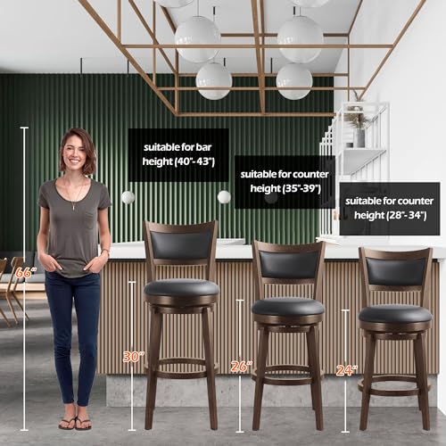 Larksperal 24" Counter Height Barstools Set of 2 - High Back Swivel Bar Stools with Black Faux Leather Upholstered Seat & Solid Wood Footrest, Counter Bar Stool for Kitchen Island & Pub