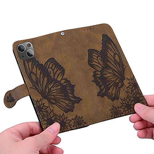 Flip Case Compatible for iPhone 15 Wallet Case PU Leather Folio Cover, Butterfly Phone Case Soft Silicone Bumper with Card Holder Kickstand Magnetic Closure Lanyard Holster for Women-Brown