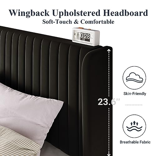 Allewie Full Size Velvet Bed Frame/Vertical Channel Tufted Wingback Headboard/Upholstered Platform Bed/Strong Wooden Slats/No Box Spring Needed/Easy Assembly/Black