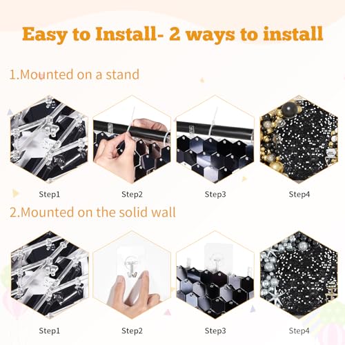 Black Shimmer Wall Backdrop Panel - 12 Pcs Glitter Bling Sequins Photo Backdrops Sheets Hexagon Birthday Anniversary Wedding Decorations Engagement & Bridal Shower Party Decor