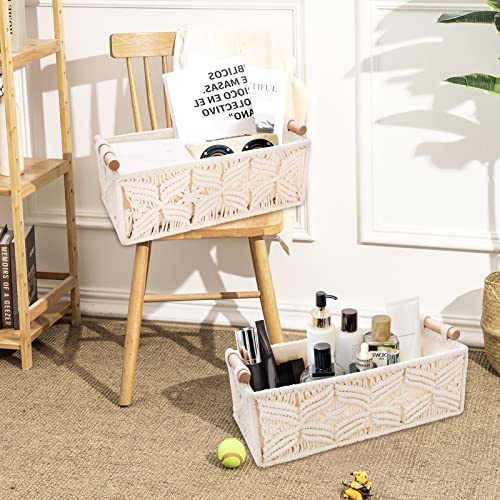 Macrame Storage Basket Boho Decor Bathroom Baskets for Organizing, Toilet Tank Basket for Bathroom Woven Decor Basket with Handle Bedroom Nursery Living room Entryway (Grey)
