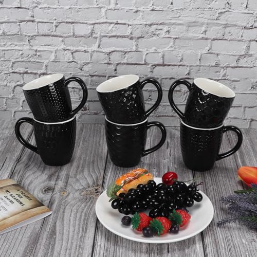 Hoikwo Porcelain Coffee Mugs Set of 6 with Individual Texture, Modern Simple Black Cups, Elegant and Stylish 12 OZ Comfortable Ceramic Coffee Tea Milk Coco Mug, Microwave and Dishwasher Safe