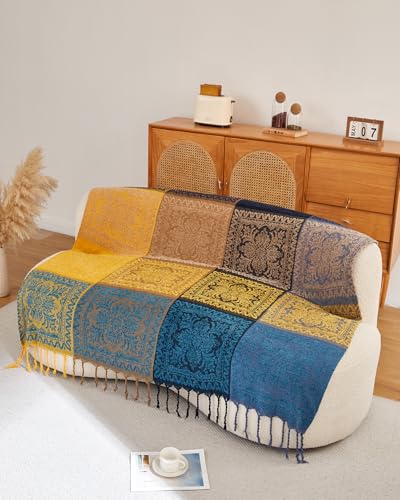 AIVIA Bohemian Throws Blankets, Chenille Woven Recliner Chair Throw Cover Futon Furniture Cover Sofa Slipcover Boho Bed Blanket - 60" x 75" Navy Teal Yellow