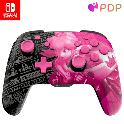 PDP REMATCH GLOW Enhanced Wireless Licensed Nintendo Switch Pro Controller, Rechargeable 40 hour battery power, Customizable Gaming Buttons, 30-foot Range: Mario Kart Grand Prix Princess Peach (Pink)